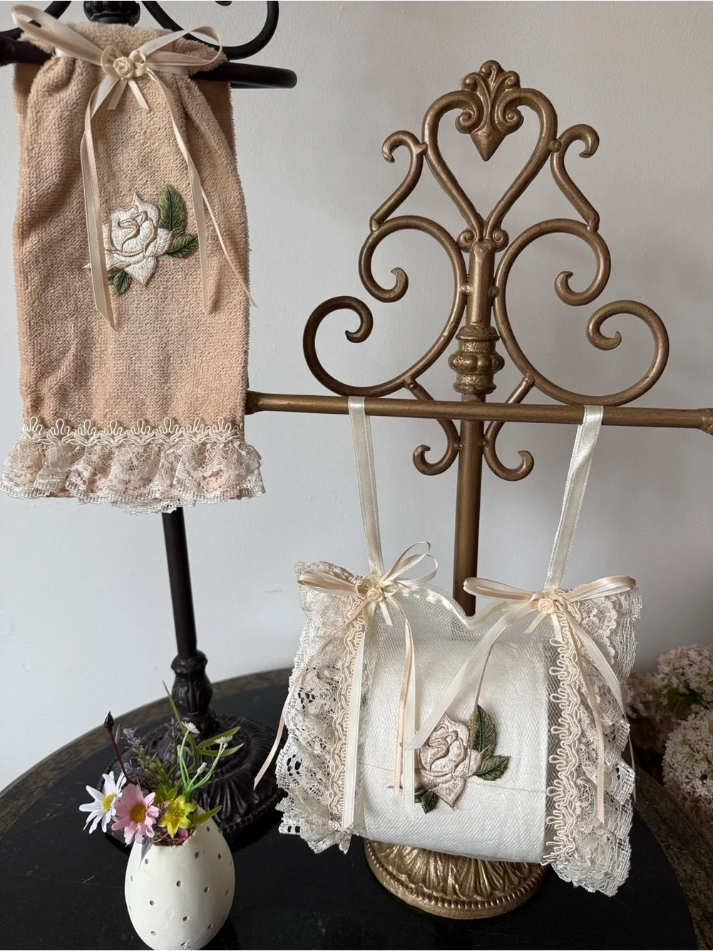 Hand Crafted Beige and Ivory Lace Toilet Paper Sachet & Hand Towel Set